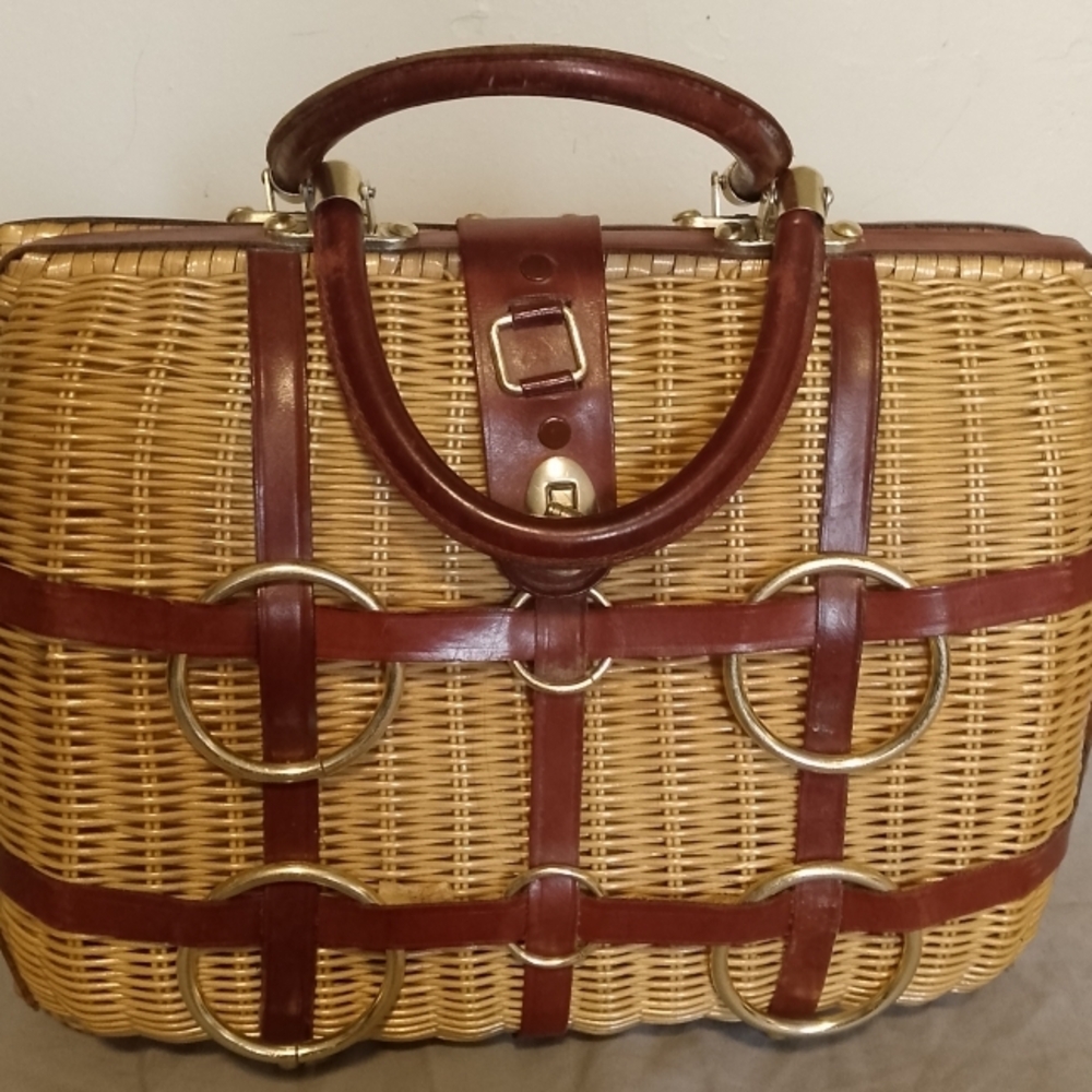 Brown Woven Handbag with Leather Accents